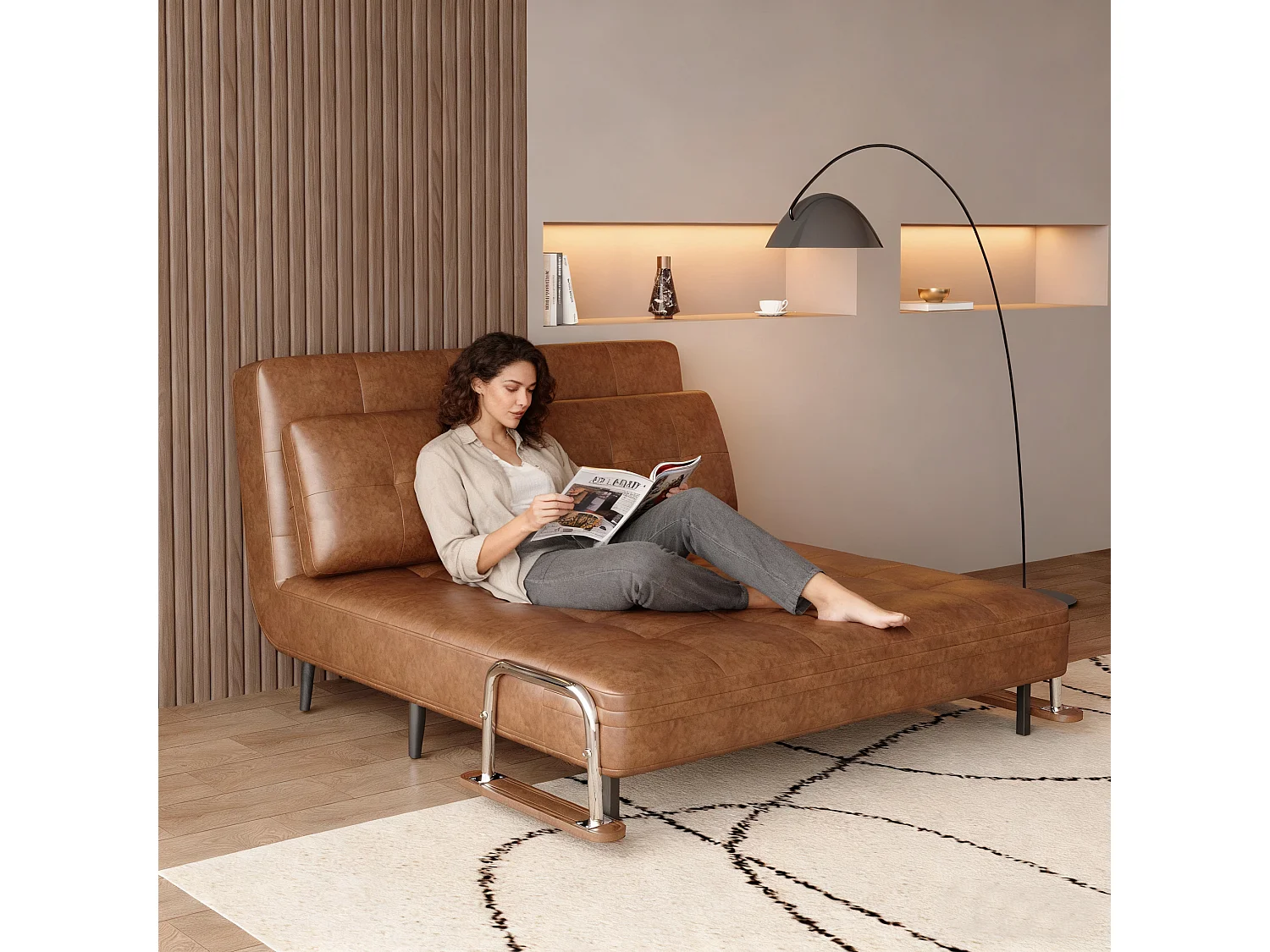 Canapé-lit en Cuir Marron, canapé Moderne avec Fonction lit, Matelas Rabattable et Pieds en métal, Polyvalent pour Salon, Chambre et Petits espaces (Marron)