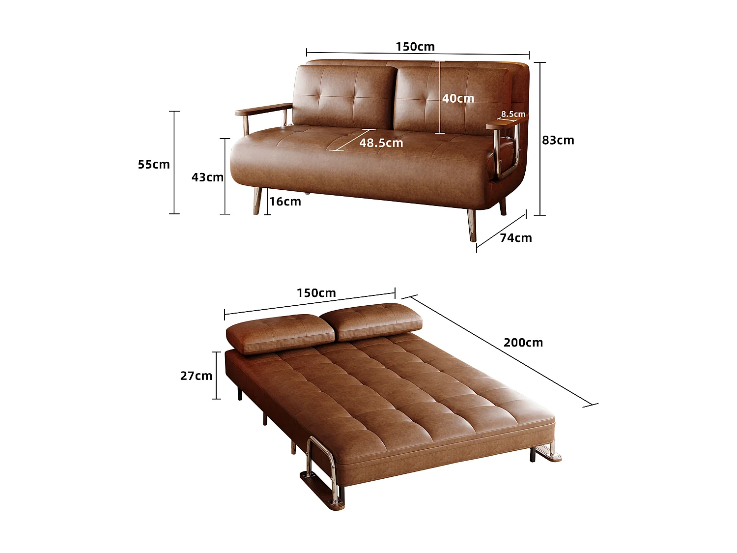 Canapé-lit en Cuir Marron, canapé Moderne avec Fonction lit, Matelas Rabattable et Pieds en métal, Polyvalent pour Salon, Chambre et Petits espaces (Marron)