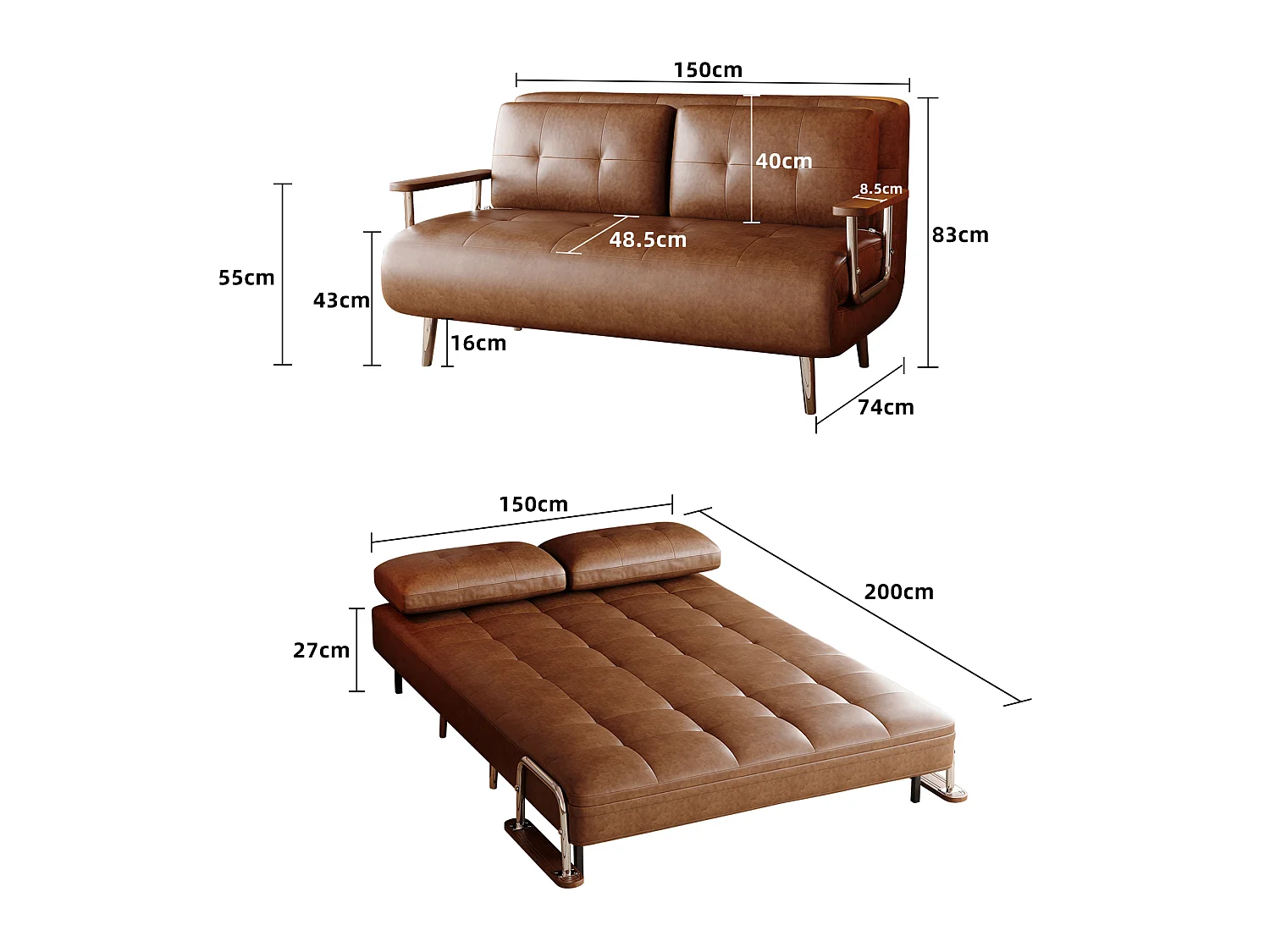Bruin leren slaapbank, modern sofa met bedfunctie, inklapbare matras en metalen poten, veelzijdig voor woonkamer, slaapkamer en kleine ruimtes (bruin)