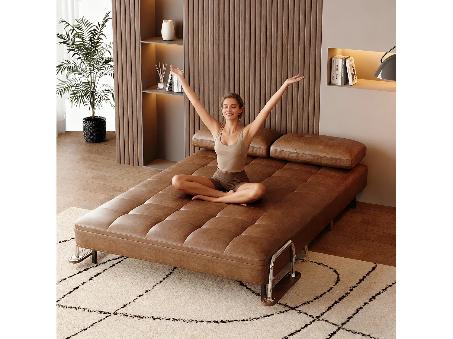 Bruin leren slaapbank, modern sofa met bedfunctie, inklapbare matras en metalen poten, veelzijdig voor woonkamer, slaapkamer en kleine ruimtes (bruin)