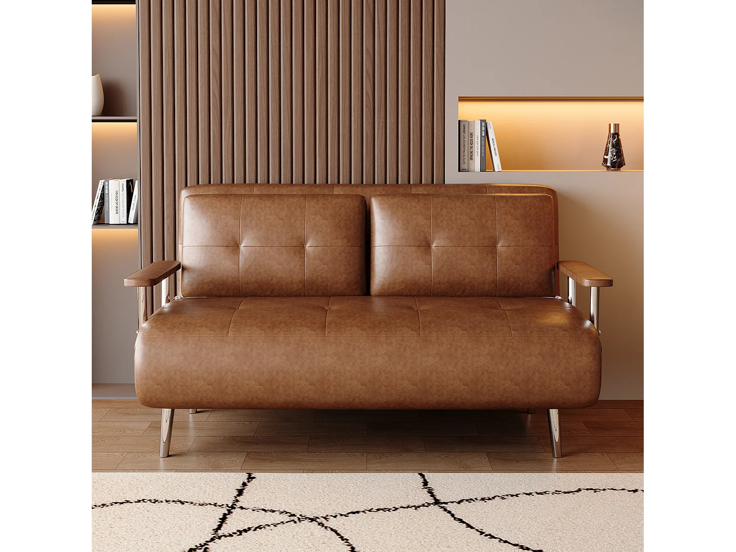 Bruin leren slaapbank, modern sofa met bedfunctie, inklapbare matras en metalen poten, veelzijdig voor woonkamer, slaapkamer en kleine ruimtes (bruin)