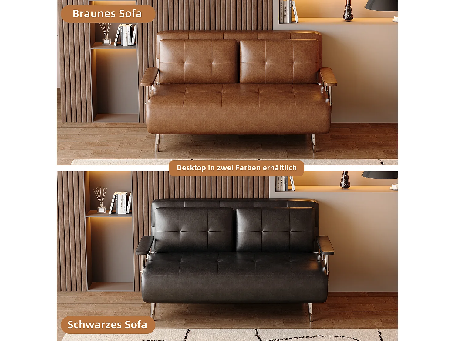 Bruin leren slaapbank, modern sofa met bedfunctie, inklapbare matras en metalen poten, veelzijdig voor woonkamer, slaapkamer en kleine ruimtes (bruin)