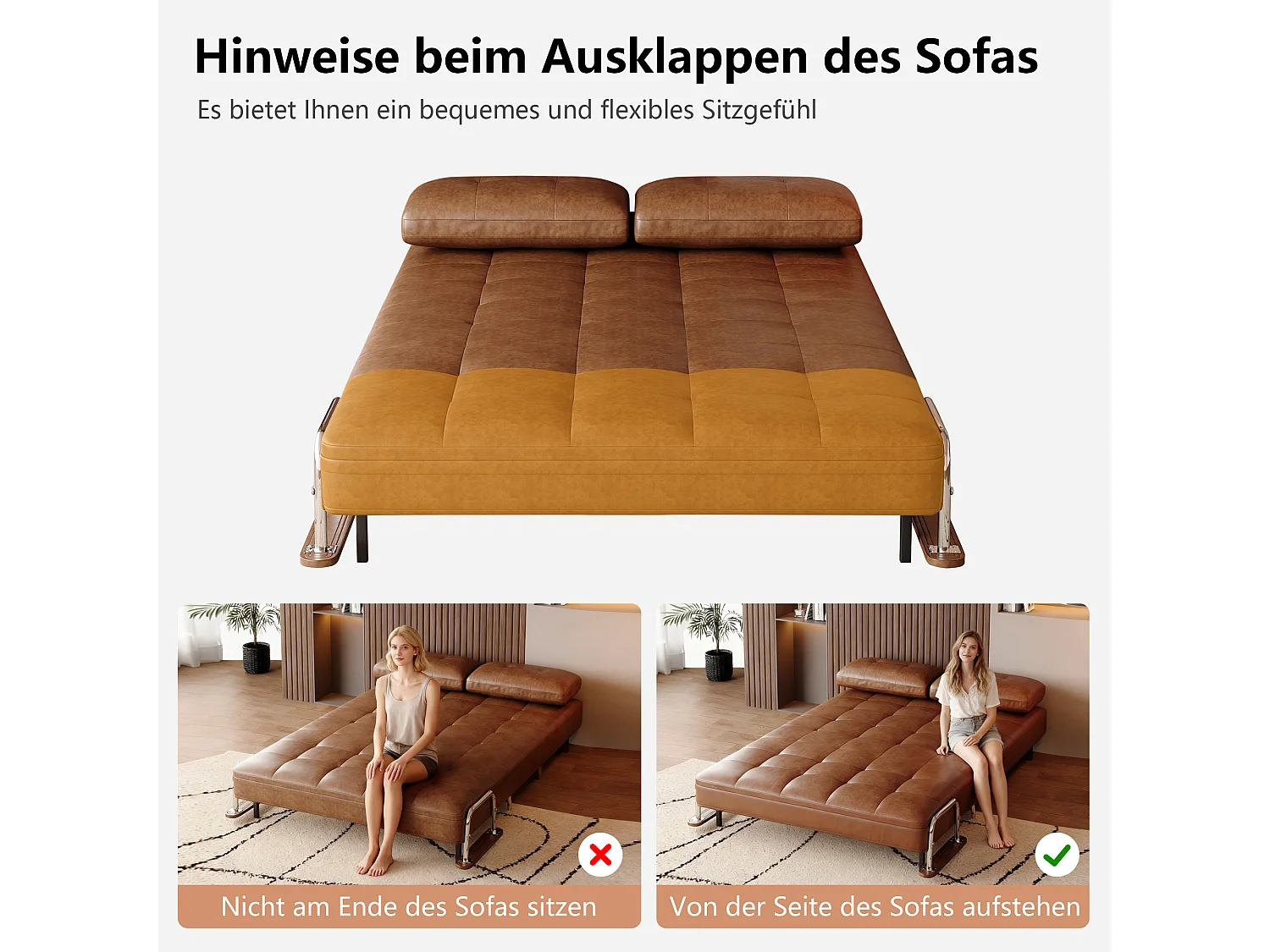 Bruin leren slaapbank, modern sofa met bedfunctie, inklapbare matras en metalen poten, veelzijdig voor woonkamer, slaapkamer en kleine ruimtes (bruin)