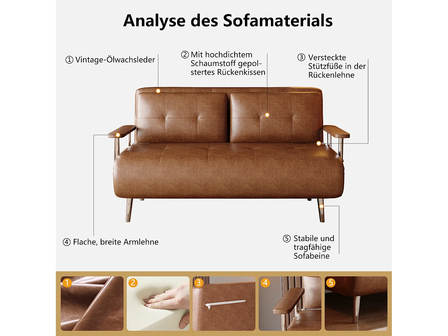 Bruin leren slaapbank, modern sofa met bedfunctie, inklapbare matras en metalen poten, veelzijdig voor woonkamer, slaapkamer en kleine ruimtes (bruin)