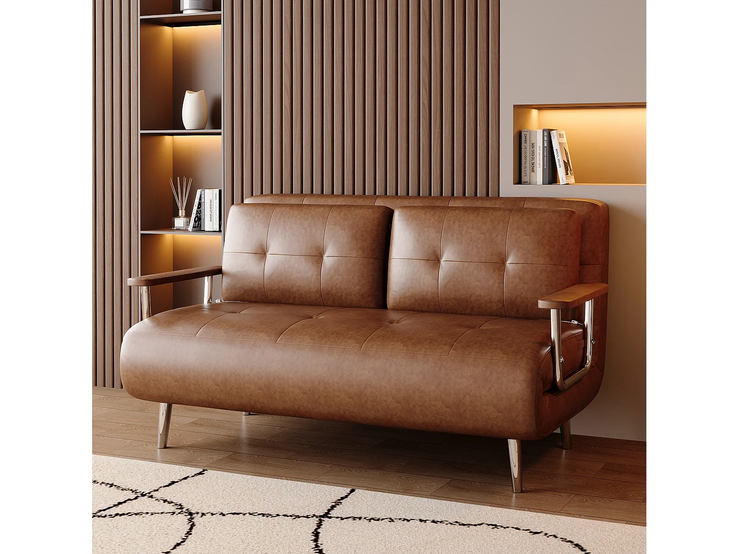 Bruin leren slaapbank, modern sofa met bedfunctie, inklapbare matras en metalen poten, veelzijdig voor woonkamer, slaapkamer en kleine ruimtes (bruin)