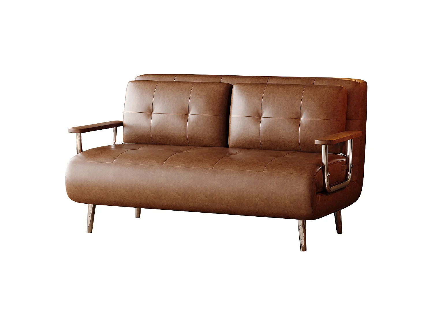 Bruin leren slaapbank, modern sofa met bedfunctie, inklapbare matras en metalen poten, veelzijdig voor woonkamer, slaapkamer en kleine ruimtes (bruin)