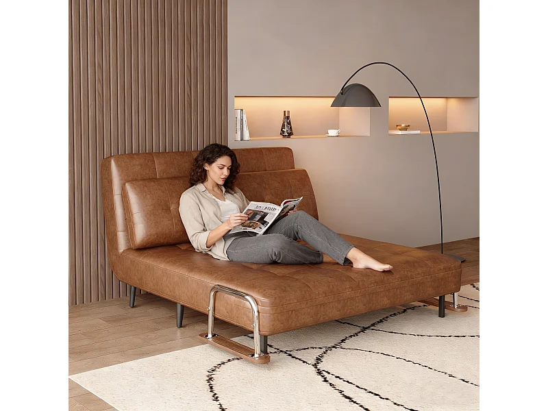 Canapé-lit en Cuir Marron, canapé Moderne avec Fonction lit, Matelas Rabattable et Pieds en métal, Polyvalent pour Salon, Chambre et Petits espaces (Marron)