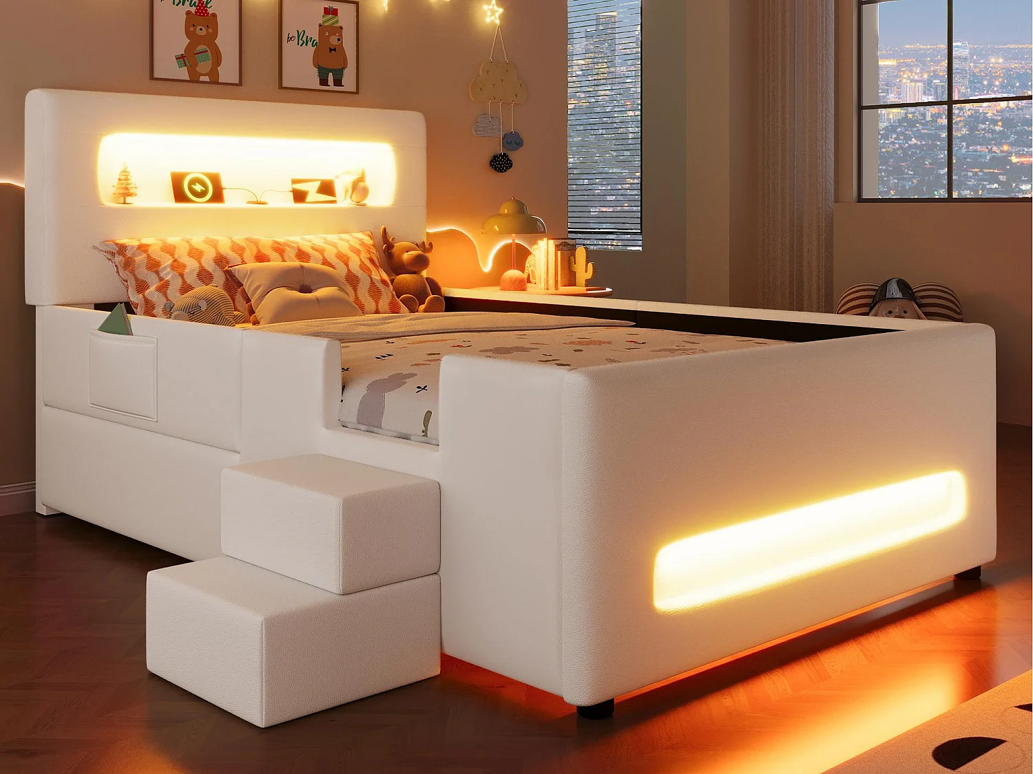 Cama individual acolchada 90x200 cm - con iluminación LED - con escalera - 1 cajón y bolsa de almacenamiento - Blanco (colchón no incluido)