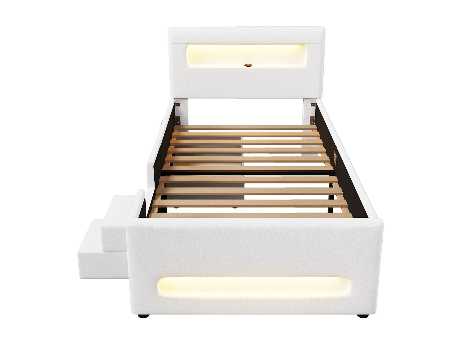 Cama individual acolchada 90x200 cm - con iluminación LED - con escalera - 1 cajón y bolsa de almacenamiento - Blanco (colchón no incluido)