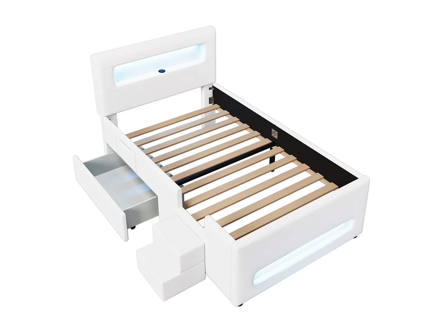 Letto singolo imbottito 90x200 cm - con illuminazione LED - con scala - 1 cassetto e sacco di riporre - Bianco (materasso non incluso)