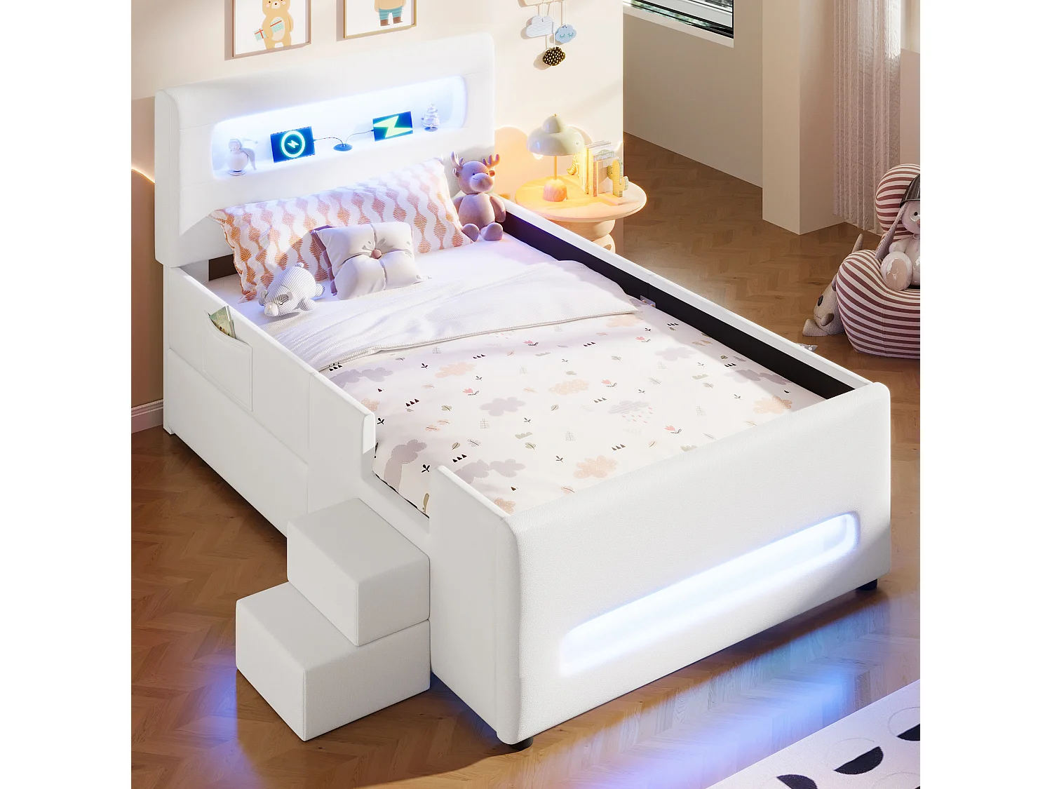 Lit simple rembourré 90x200 cm - avec lumière LED - avec escalier - 1 tiroir et sac de rangement - Blanc (matelas non inclus)