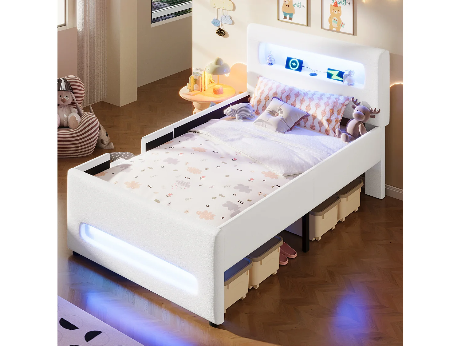 Lit simple rembourré 90x200 cm - avec lumière LED - avec escalier - 1 tiroir et sac de rangement - Blanc (matelas non inclus)