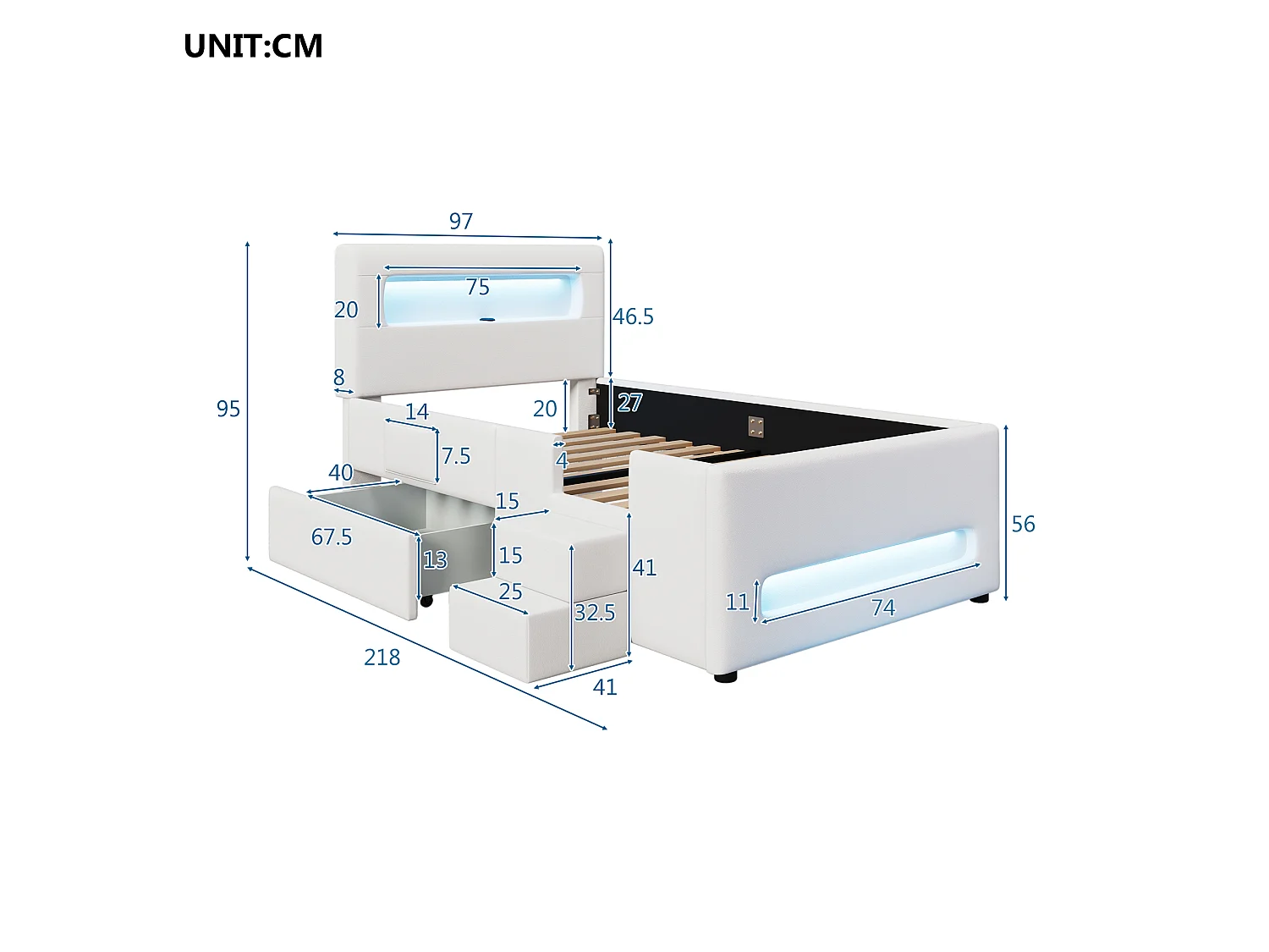 Lit simple rembourré 90x200 cm - avec lumière LED - avec escalier - 1 tiroir et sac de rangement - Blanc (matelas non inclus)