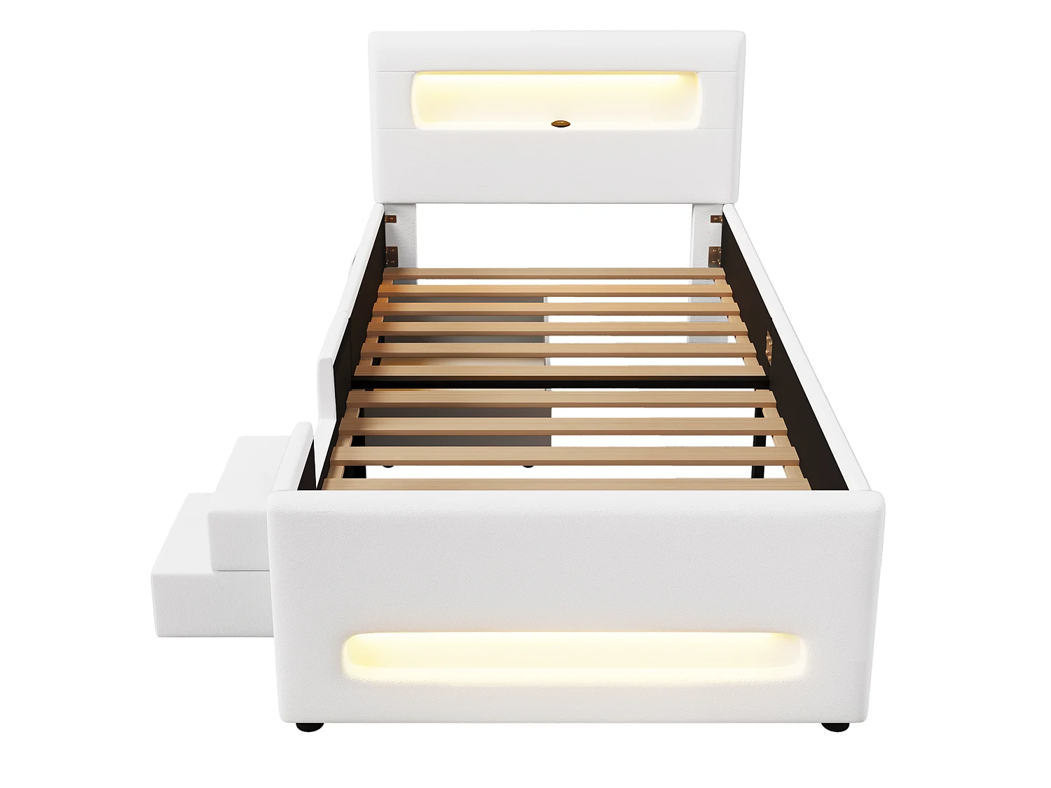 Lit simple rembourré 90x200 cm - avec lumière LED - avec escalier - 1 tiroir et sac de rangement - Blanc (matelas non inclus)
