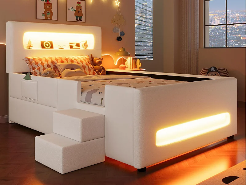 Lit simple rembourré 90x200 cm - avec lumière LED - avec escalier - 1 tiroir et sac de rangement - Blanc (matelas non inclus)