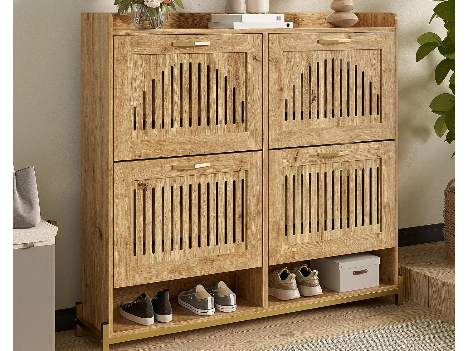 Mobile porta scarpe 108.5x24x100 cm - 4 ante - Struttura in metallo - Ripiano superiore - MDF - Naturale