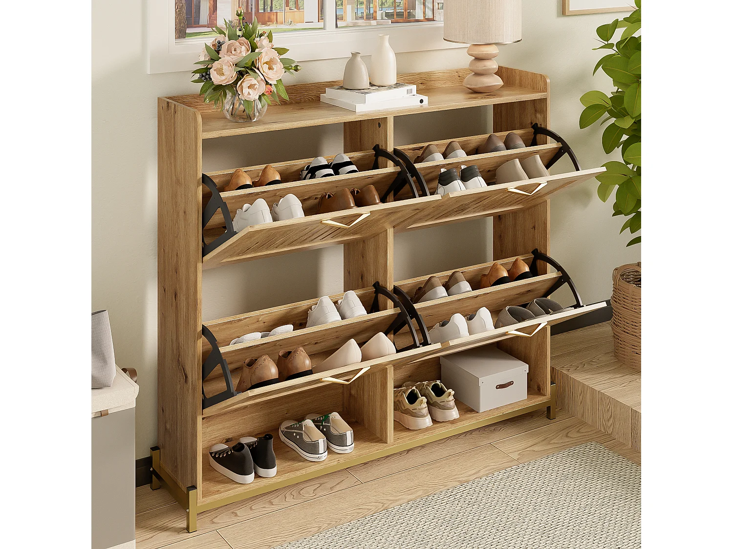 Mobile porta scarpe 108.5x24x100 cm - 4 ante - Struttura in metallo - Ripiano superiore - MDF - Naturale