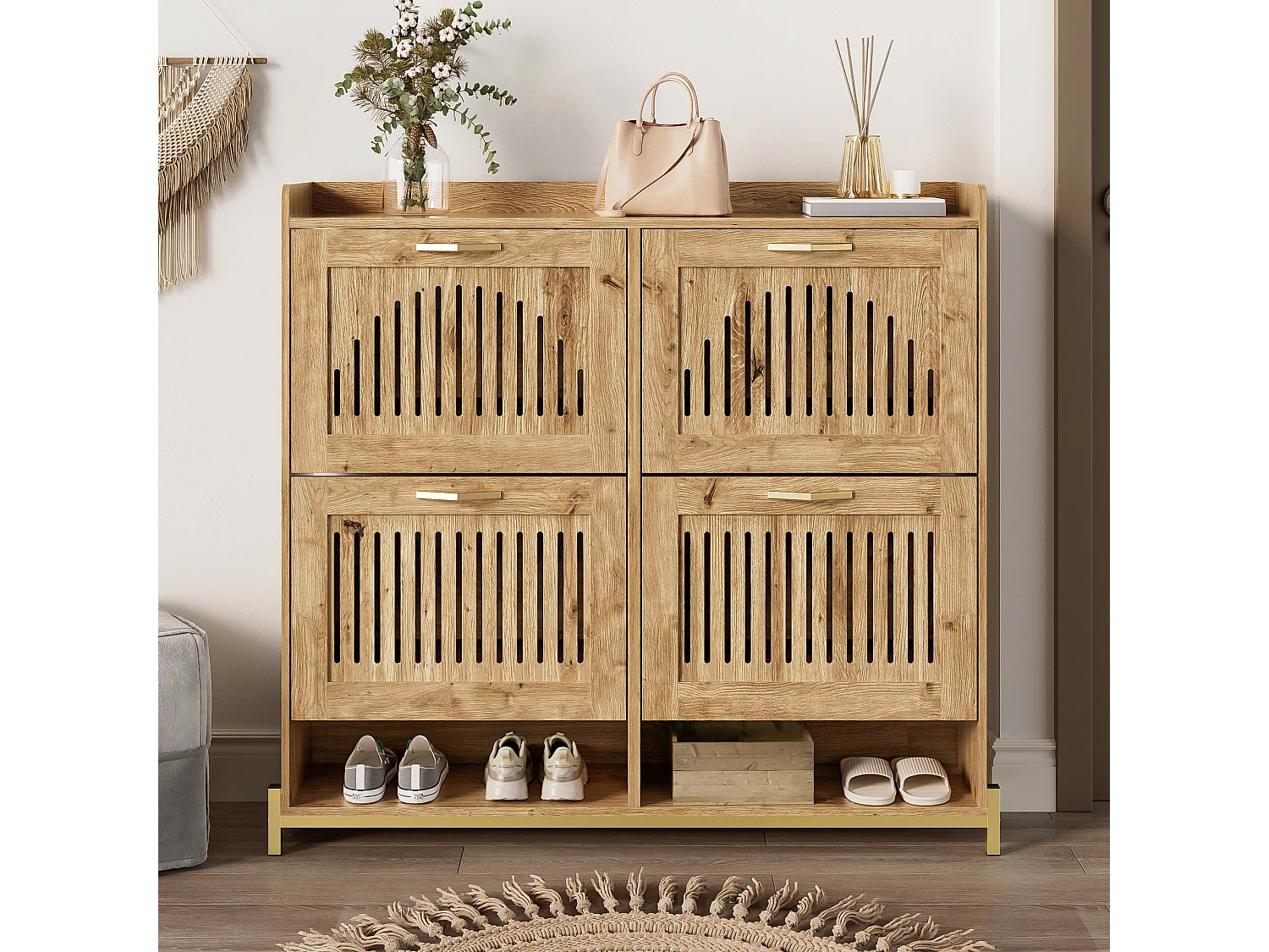 Mobile porta scarpe 108.5x24x100 cm - 4 ante - Struttura in metallo - Ripiano superiore - MDF - Naturale