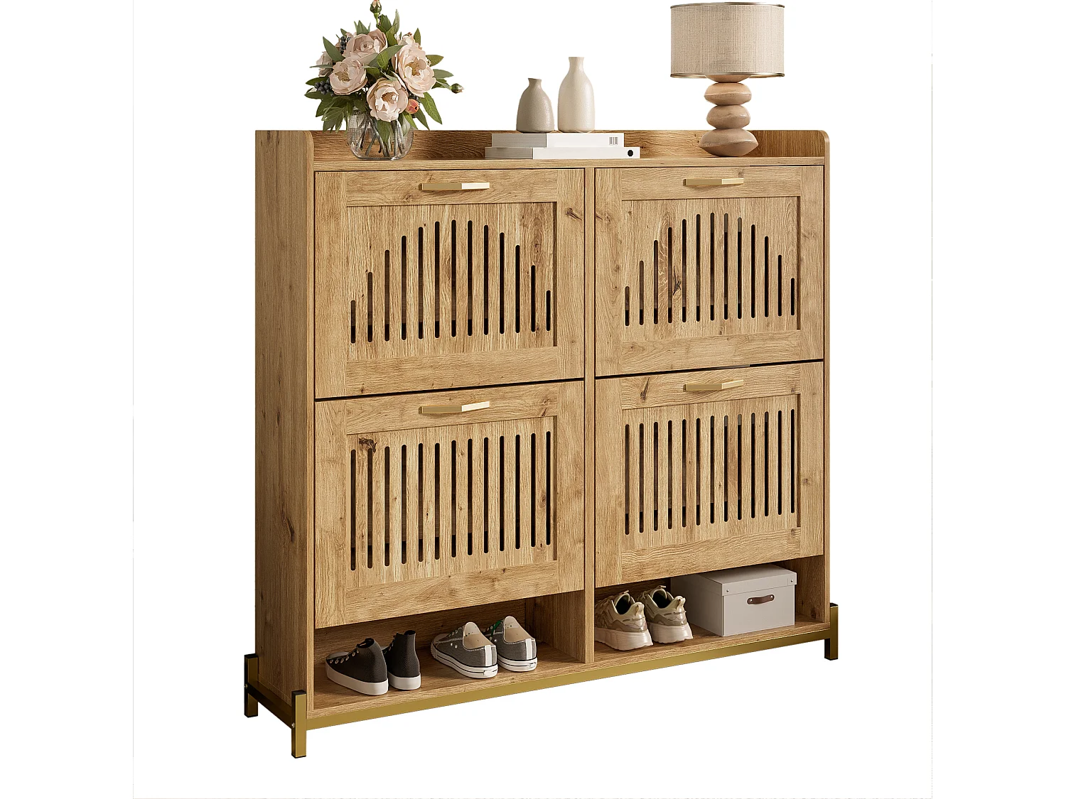 Mobile porta scarpe 108.5x24x100 cm - 4 ante - Struttura in metallo - Ripiano superiore - MDF - Naturale