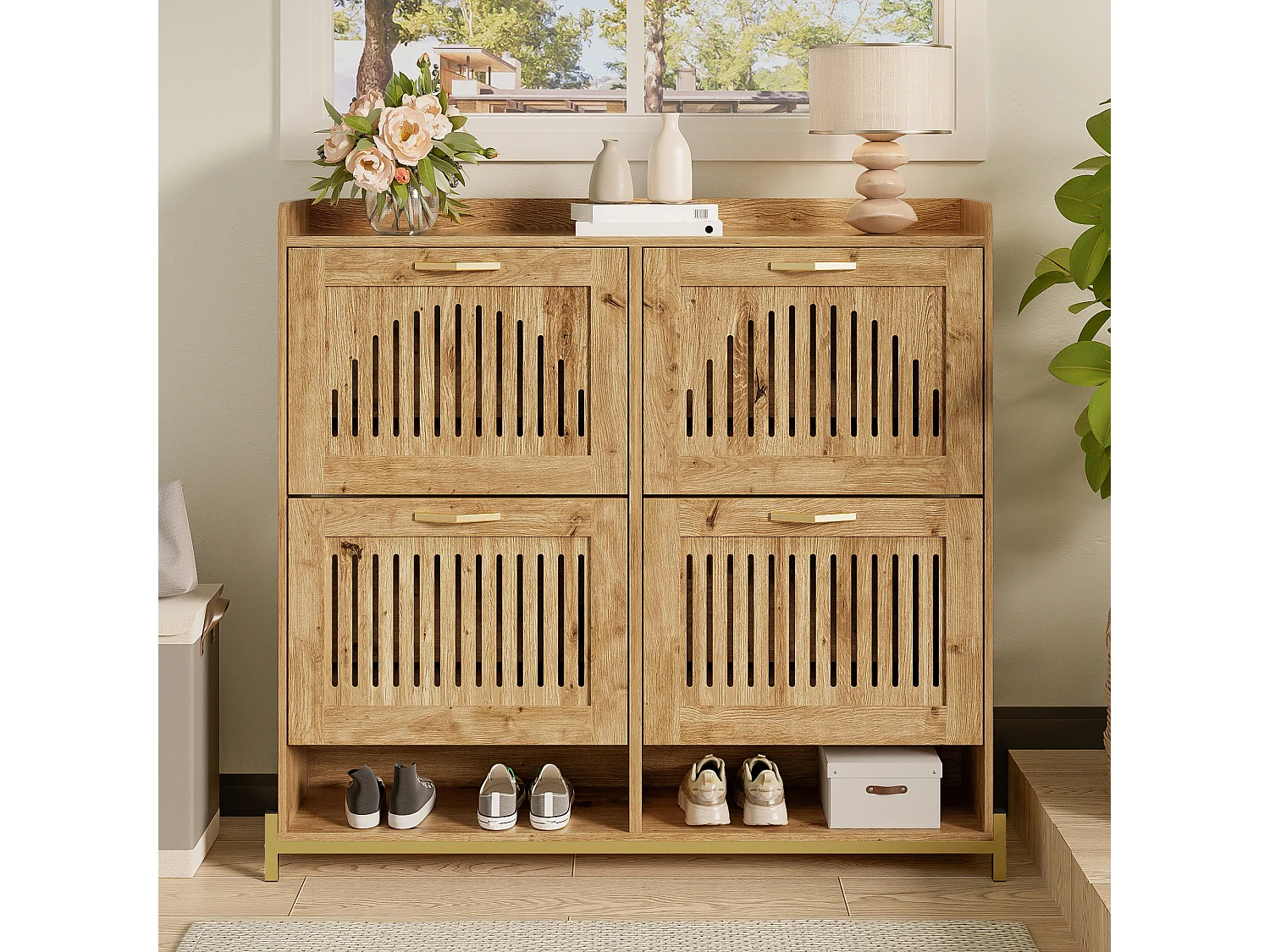 Meuble à chaussures 108.5x24x100 cm - 4 portes - Structure en métal - Étagère supérieure - MDF - Naturel