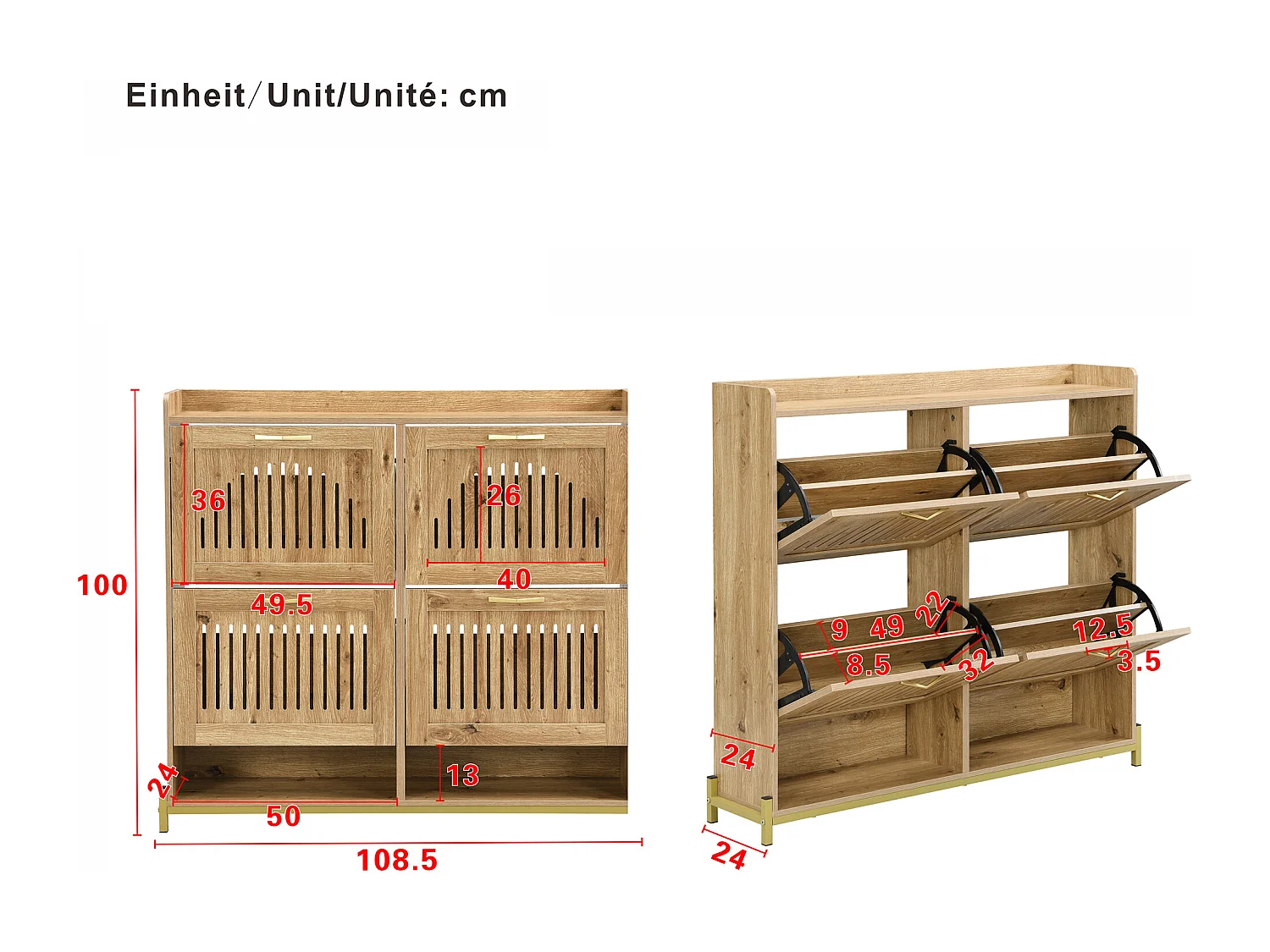 Meuble à chaussures 108.5x24x100 cm - 4 portes - Structure en métal - Étagère supérieure - MDF - Naturel