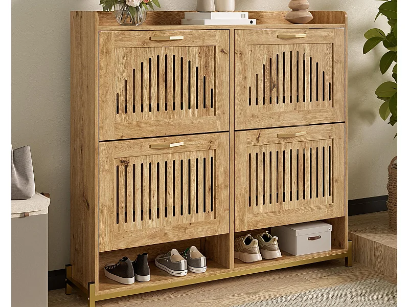 Meuble à chaussures 108.5x24x100 cm - 4 portes - Structure en métal - Étagère supérieure - MDF - Naturel