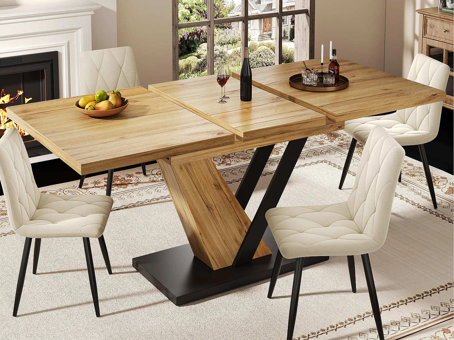 Table à manger extensible 120/160x75x75.5 cm - Pour 6 personnes - MDF + métal - Naturel