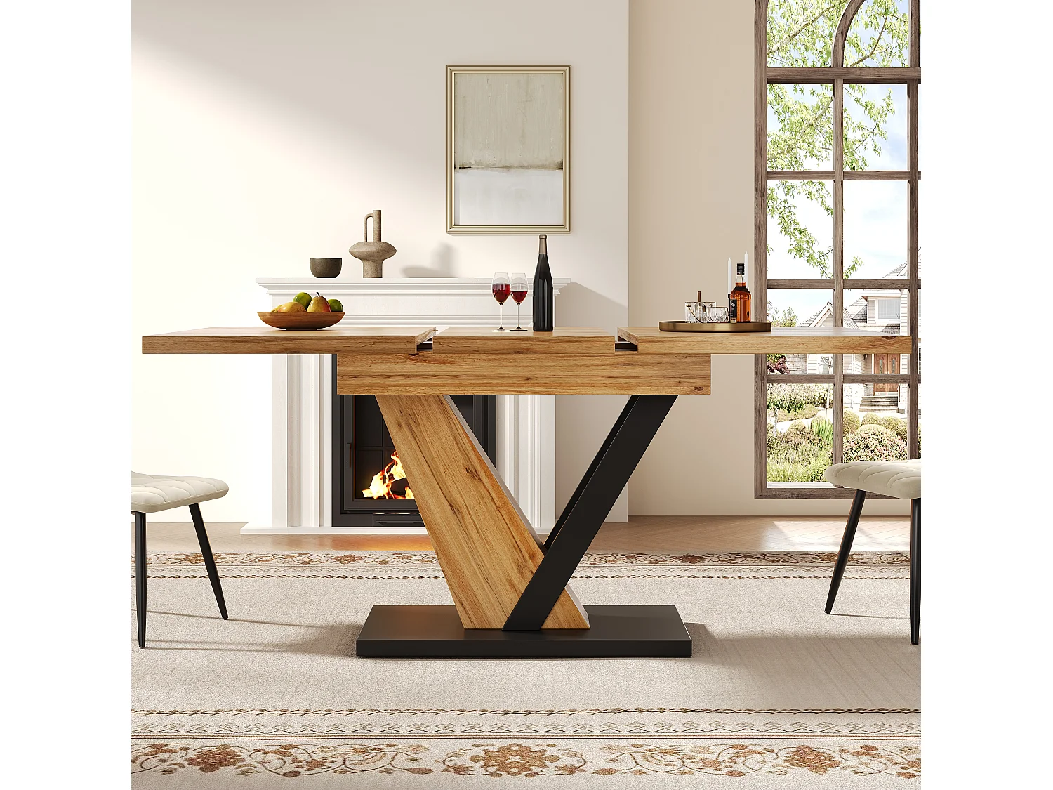 Table à manger extensible 120/160x75x75.5 cm - Pour 6 personnes - MDF + métal - Naturel