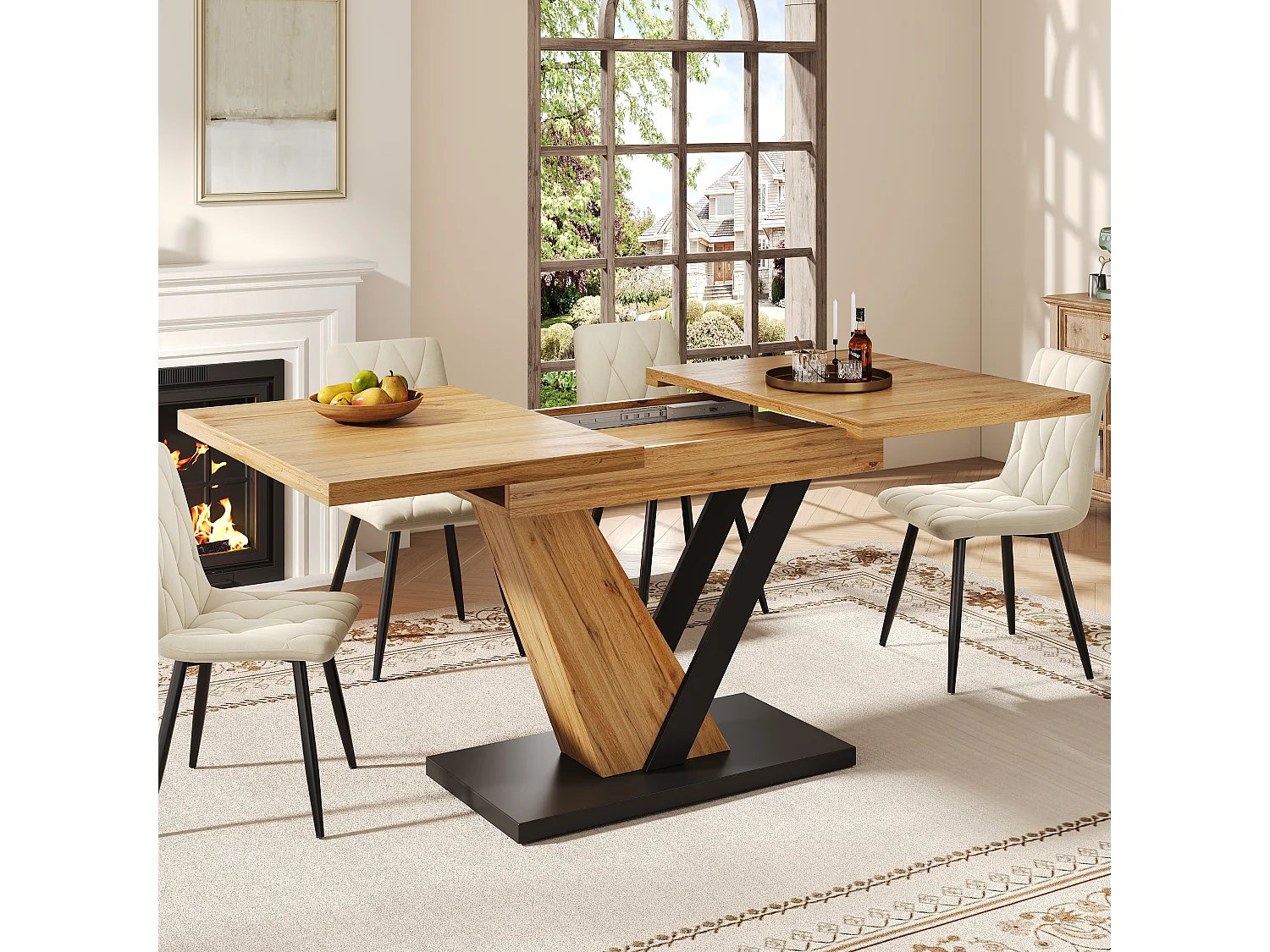 Table à manger extensible 120/160x75x75.5 cm - Pour 6 personnes - MDF + métal - Naturel