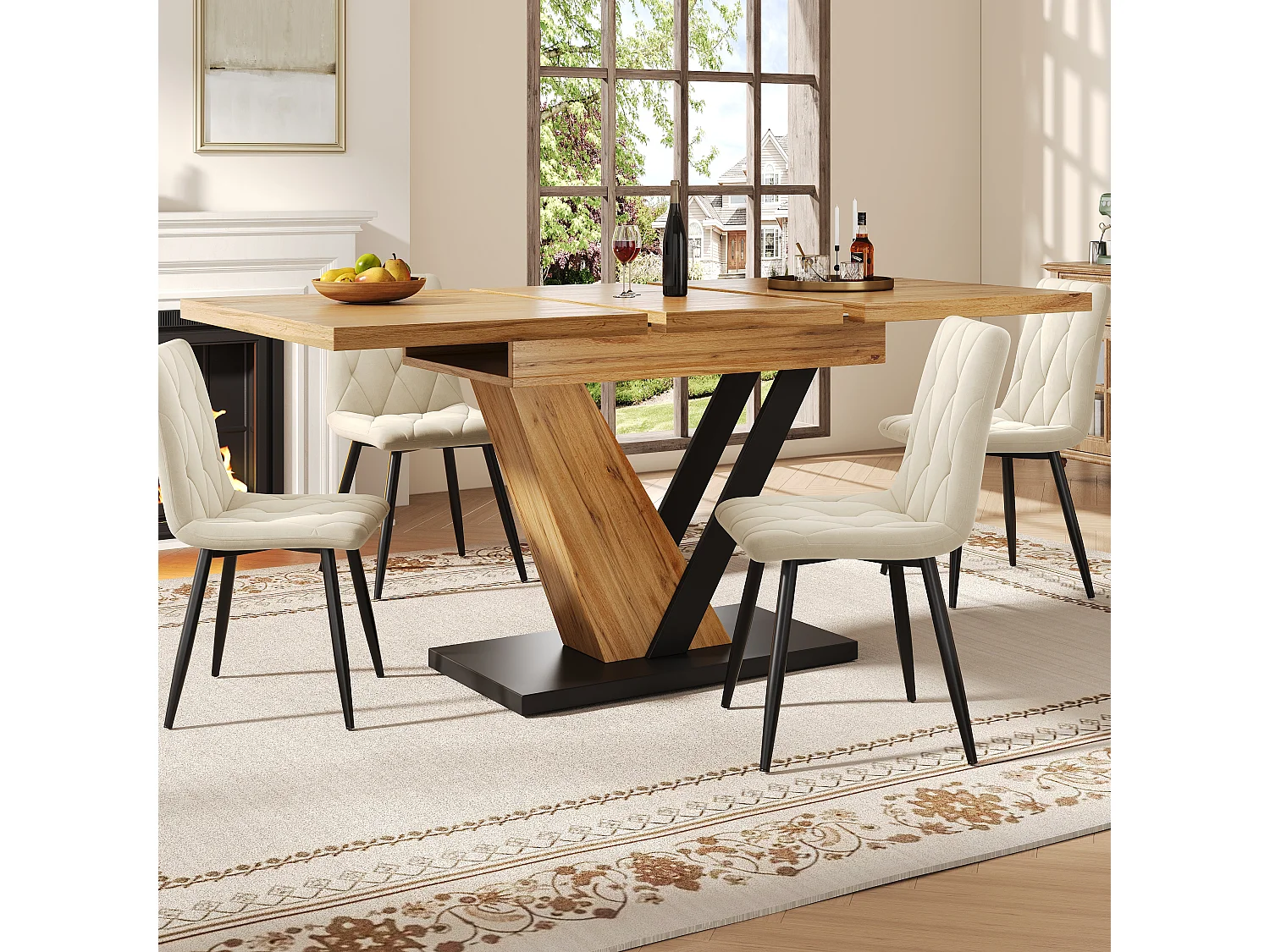 Table à manger extensible 120/160x75x75.5 cm - Pour 6 personnes - MDF + métal - Naturel