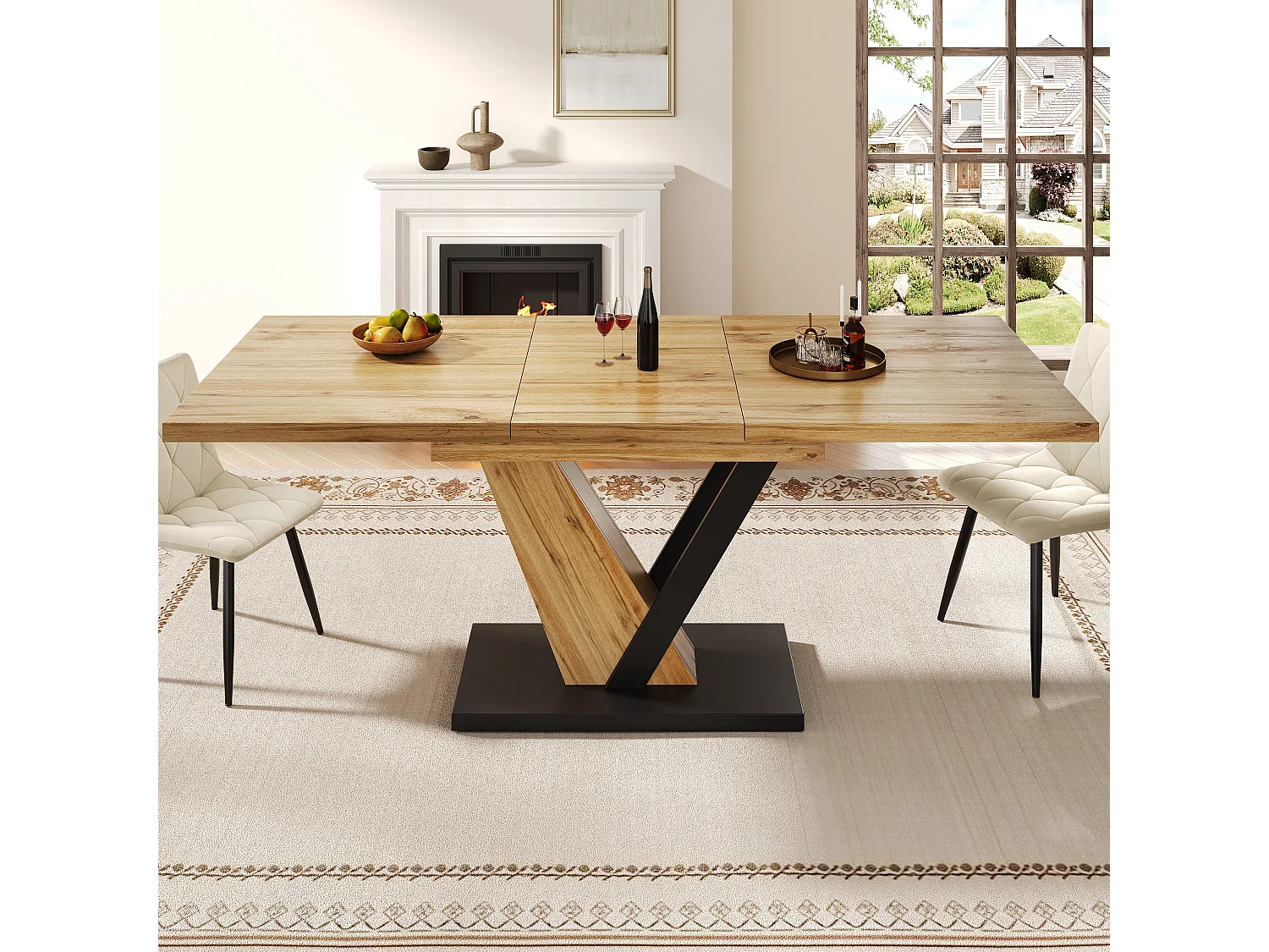 Table à manger extensible 120/160x75x75.5 cm - Pour 6 personnes - MDF + métal - Naturel