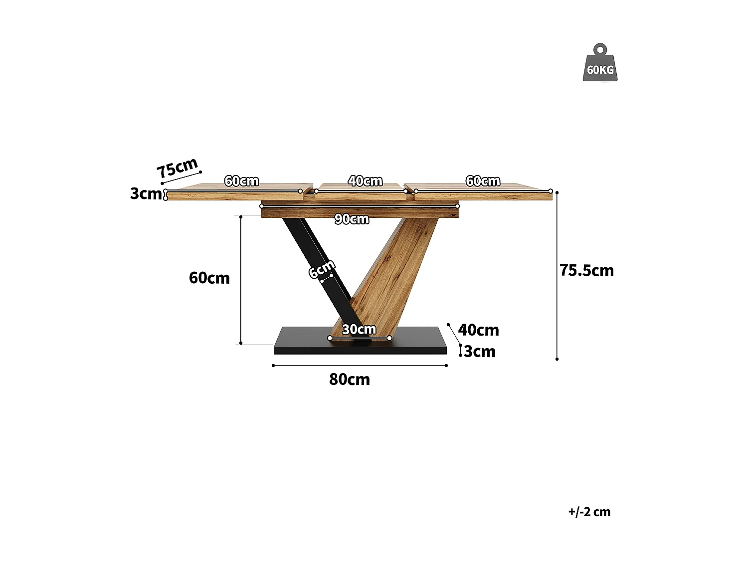 Table à manger extensible 120/160x75x75.5 cm - Pour 6 personnes - MDF + métal - Naturel
