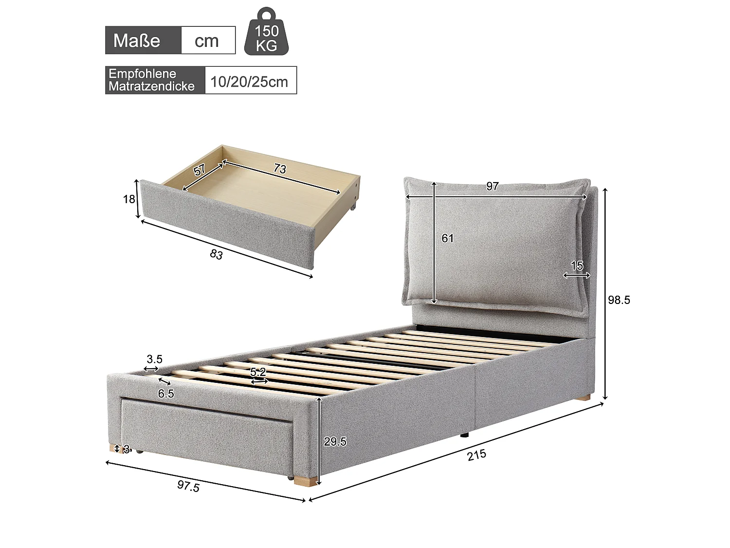 Lit enfant 90x200cm - avec tête de lit rembourrée - avec 1 tiroir - Tissu chenille - Gris (matelas non inclus)