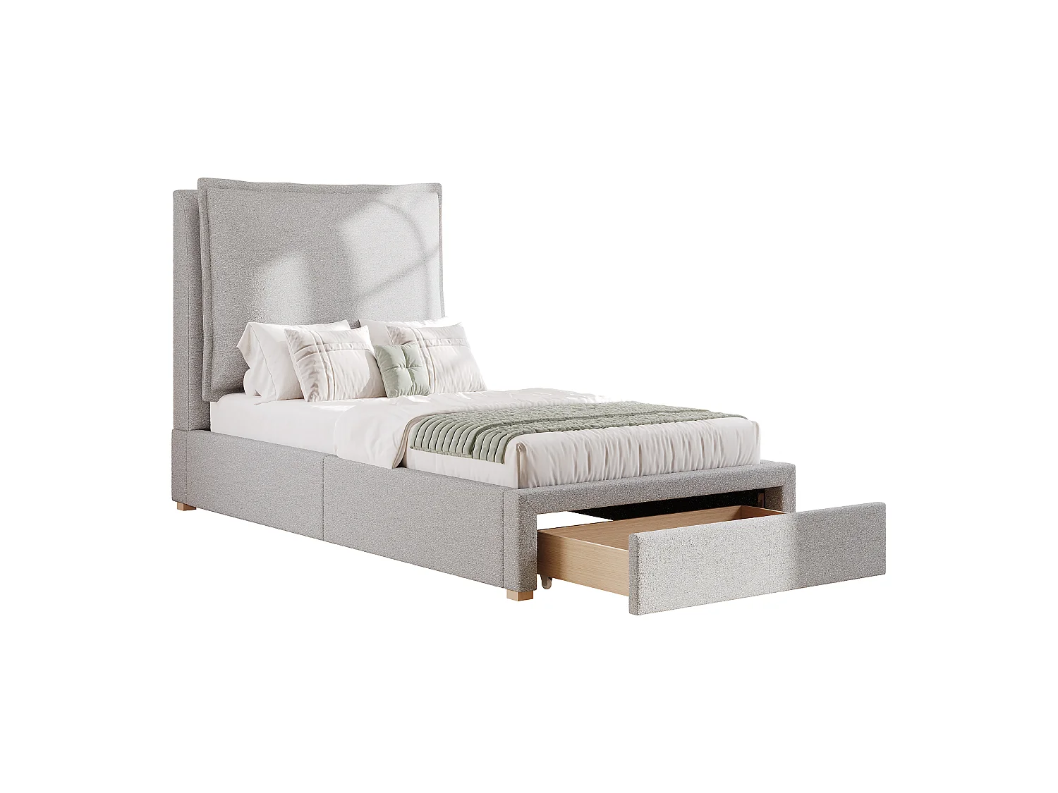 Lit enfant 90x200cm - avec tête de lit rembourrée - avec 1 tiroir - Tissu chenille - Gris (matelas non inclus)