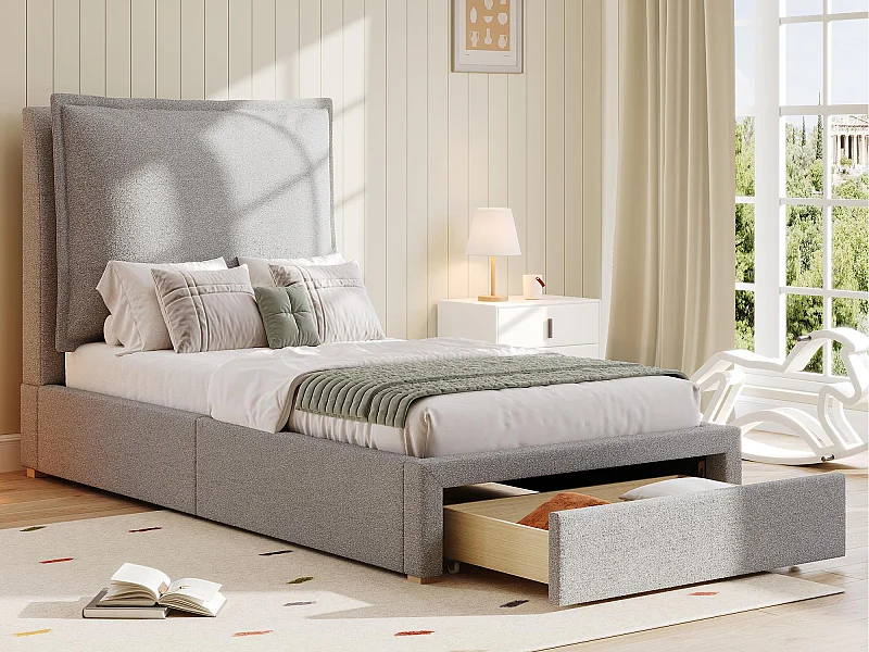 Lit enfant 90x200cm - avec tête de lit rembourrée - avec 1 tiroir - Tissu chenille - Gris (matelas non inclus)