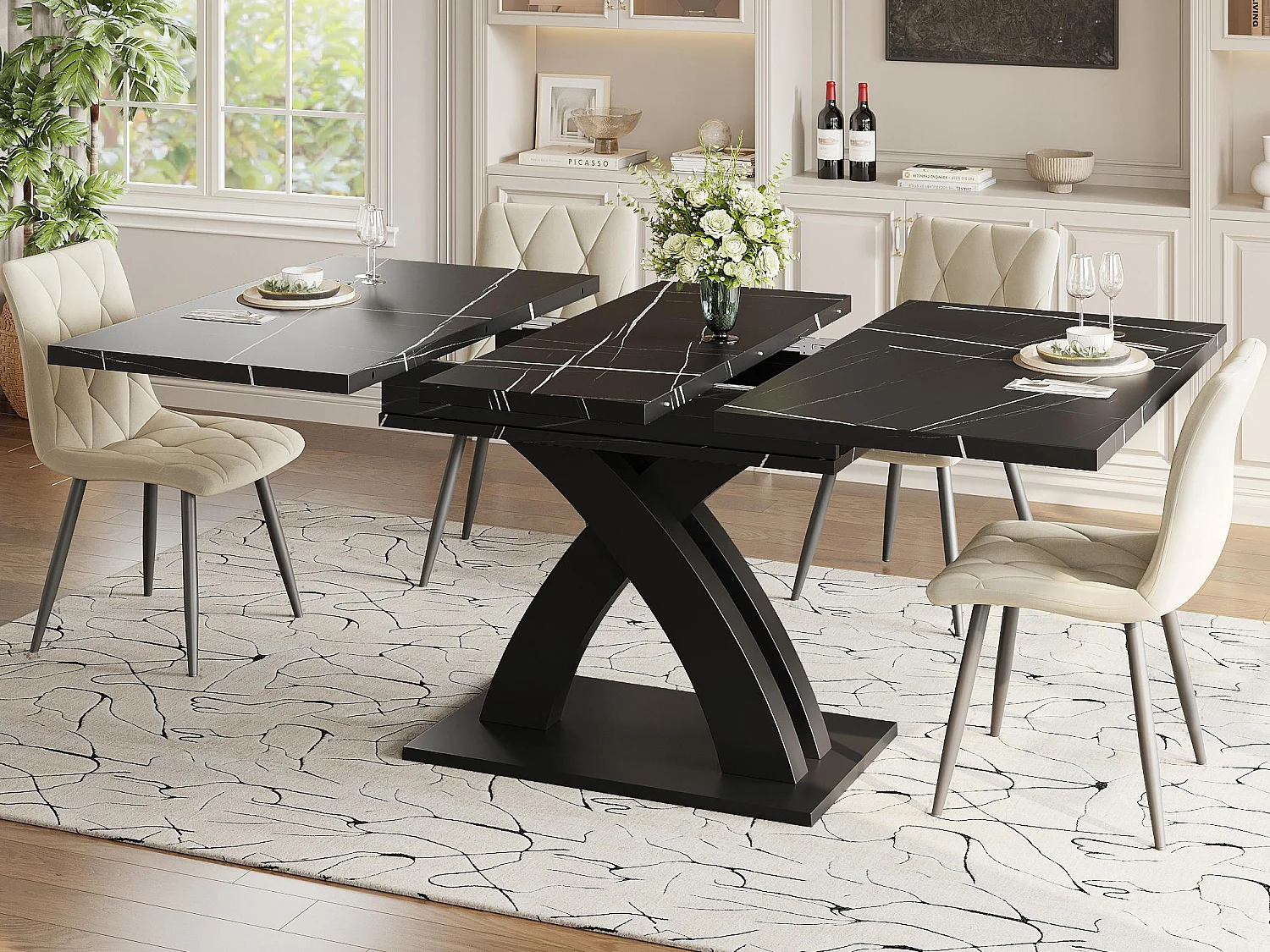 Table à manger extensible 120/160x80x76 cm - Pour 6 personnes - MDF + métal - Noir