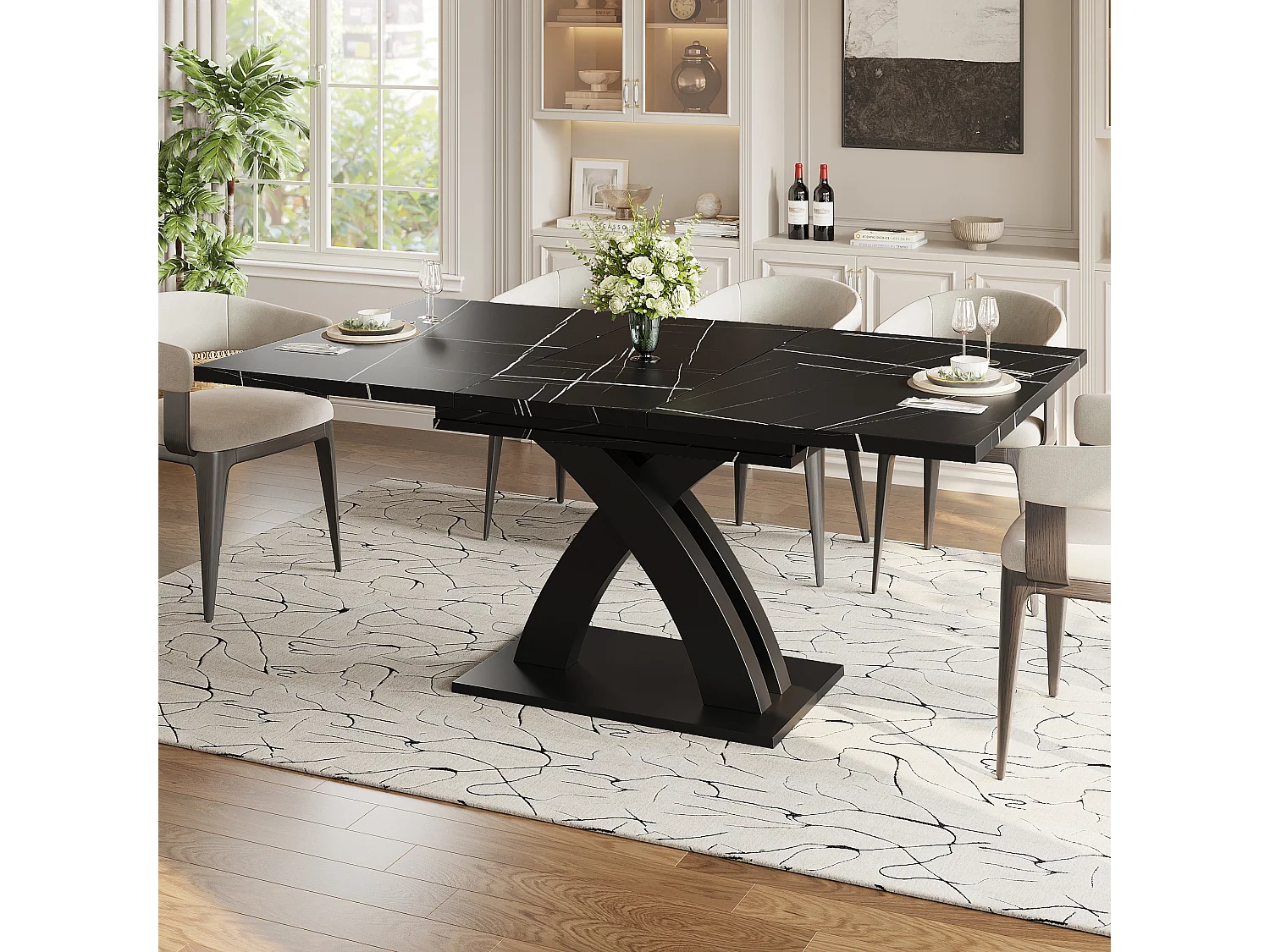 Table à manger extensible 120/160x80x76 cm - Pour 6 personnes - MDF + métal - Noir