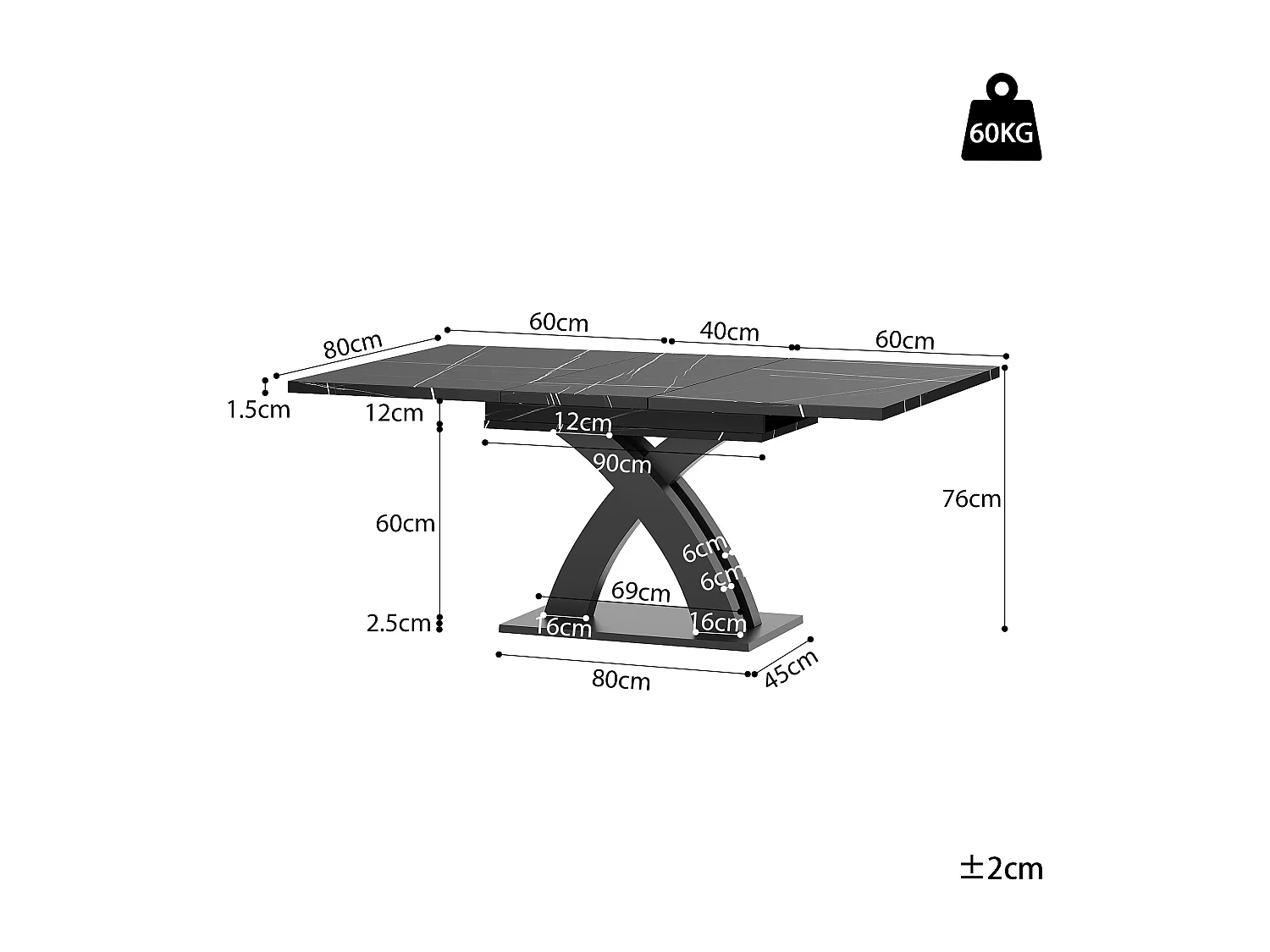 Table à manger extensible 120/160x80x76 cm - Pour 6 personnes - MDF + métal - Noir