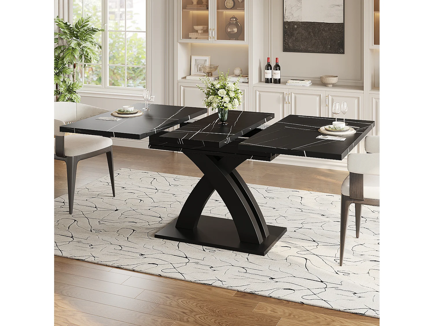 Table à manger extensible 120/160x80x76 cm - Pour 6 personnes - MDF + métal - Noir