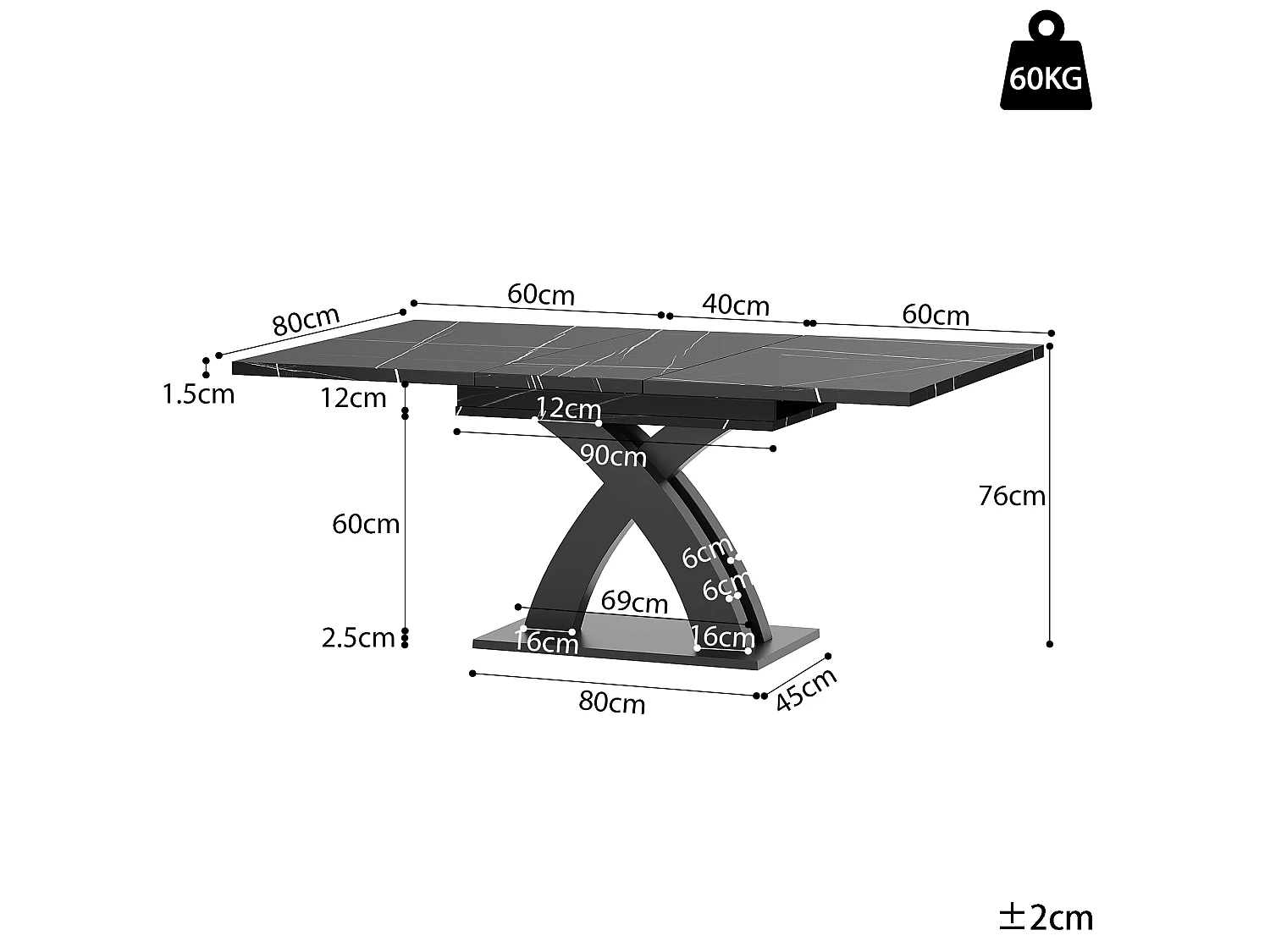 Table à manger extensible 120/160x80x76 cm - Pour 6 personnes - MDF + métal - Noir