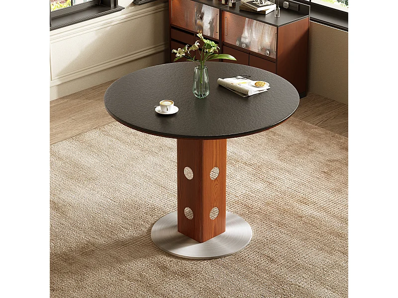 Table à manger ronde style moderne et minimaliste – table de cuisine/salle à manger 90 cm avec plateau en pierre frittée et structure bois-métal pour salon, salle à