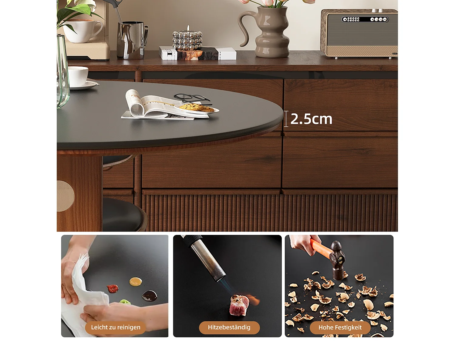 Table à manger ronde style moderne et minimaliste – table de cuisine/salle à manger 90 cm avec plateau en pierre frittée et structure bois-métal pour salon, salle à