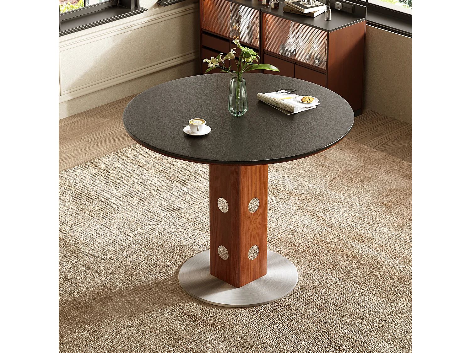 Table à manger ronde style moderne et minimaliste – table de cuisine/salle à manger 90 cm avec plateau en pierre frittée et structure bois-métal pour salon, salle à