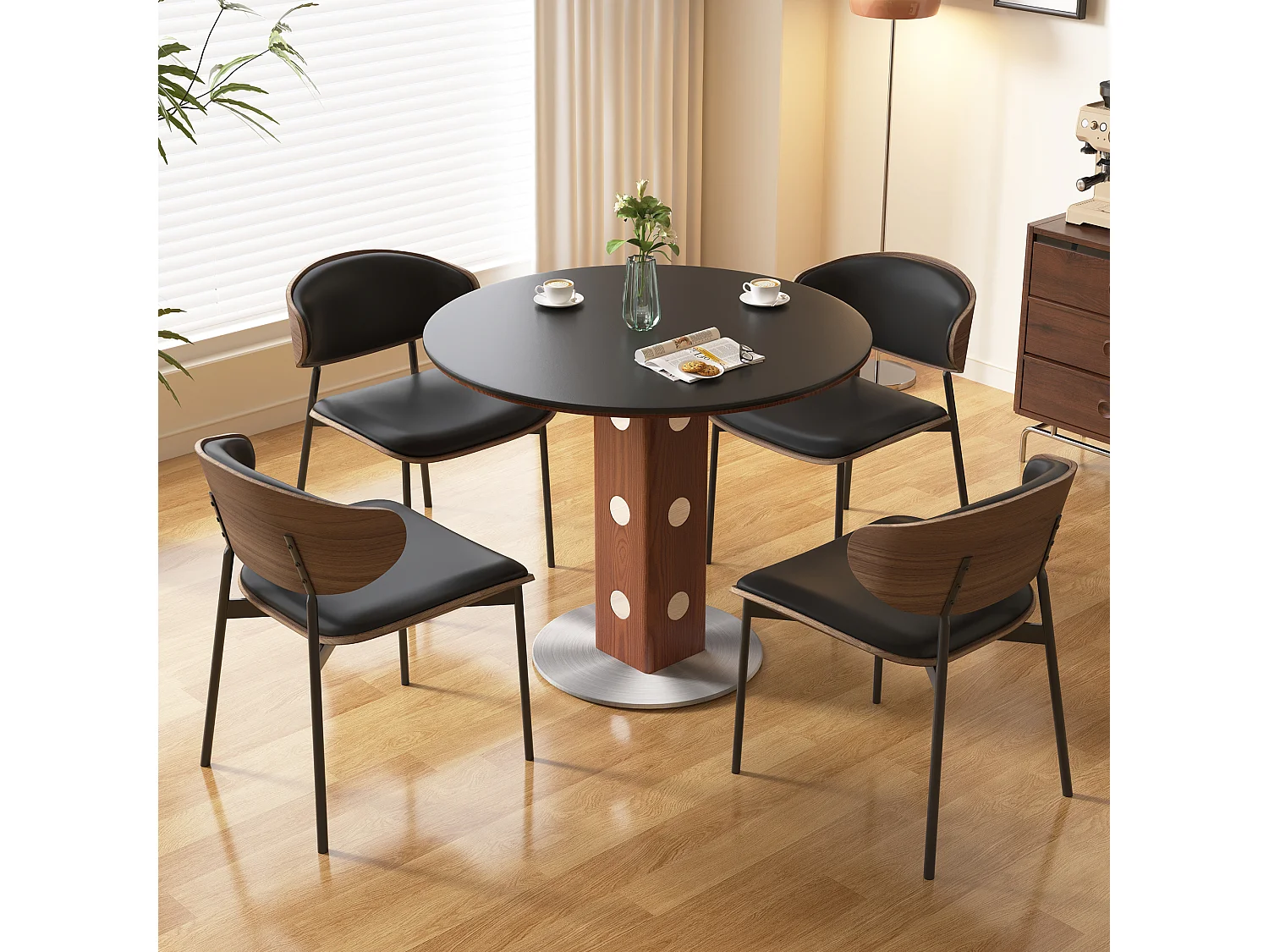 Table à manger ronde style moderne et minimaliste – table de cuisine/salle à manger 90 cm avec plateau en pierre frittée et structure bois-métal pour salon, salle à