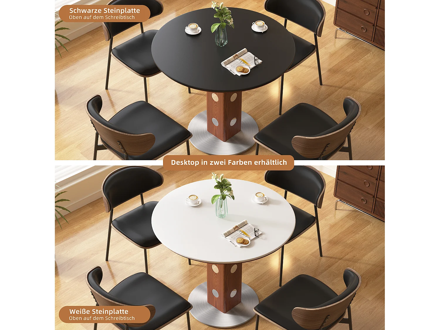 Table à manger ronde style moderne et minimaliste – table de cuisine/salle à manger 90 cm avec plateau en pierre frittée et structure bois-métal pour salon, salle à