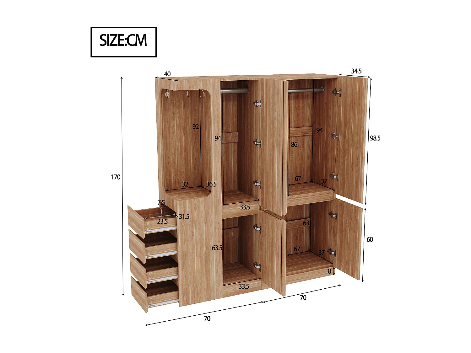 Kleiderschrank 140x40x170 cm - mit 4 Schubladen - mit Staufächern - mit Türen - Natur