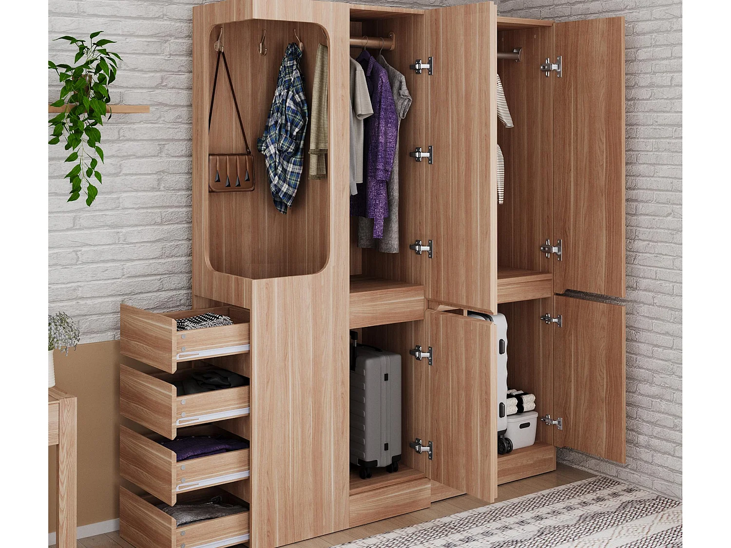 Garderobe 140x40x170 cm - med 4 skuffer - med opbevaringsrum - med låger - natur
