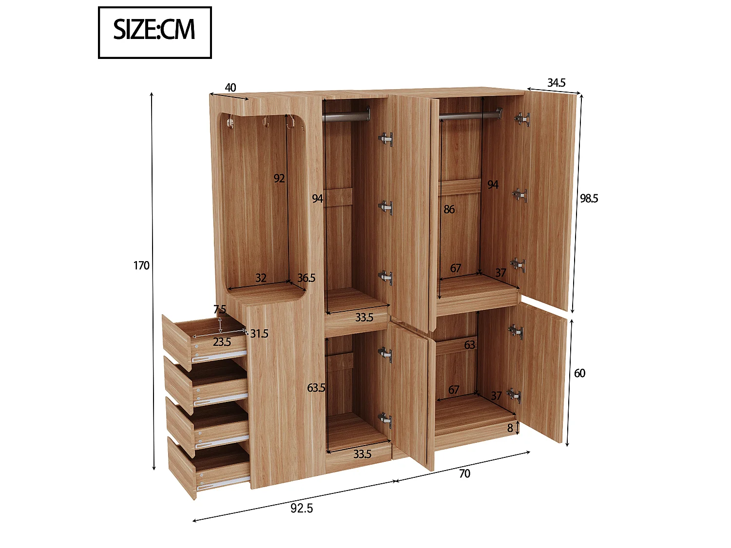 Kledingkast 140x40x170 cm - met 4 lades - met opbergvakken - met deuren - natuur