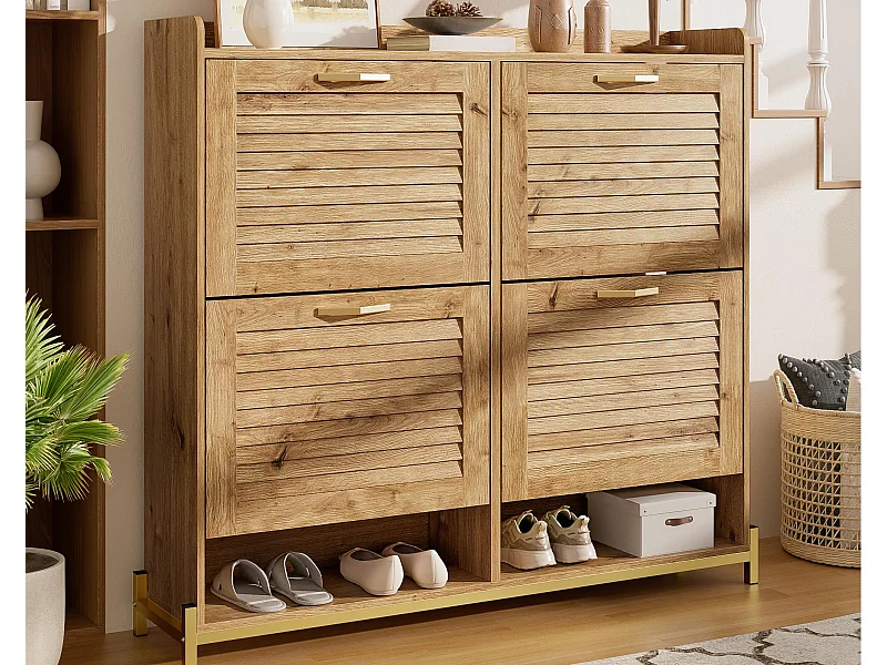 Meuble à chaussures 108.5x24x100 cm - avec 4 portes - Structure en métal - Étagère supérieure - MDF - Naturel