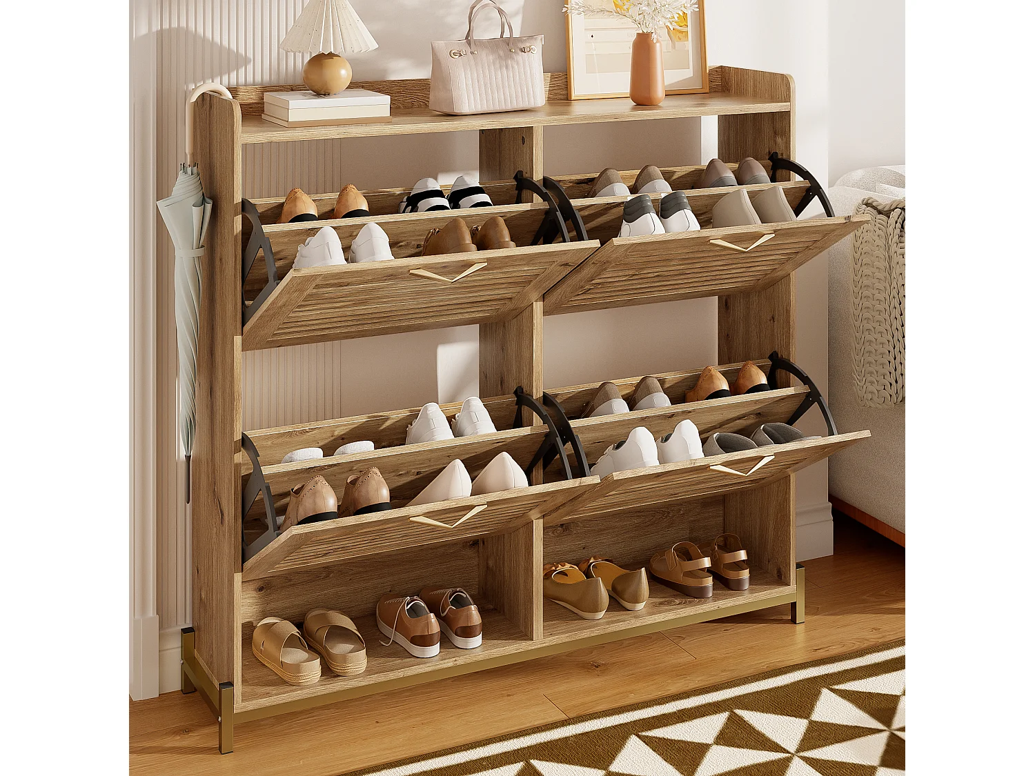 Skoskåp 108,5x24x100 cm - med 4 dörrar - metallram - överhylla - MDF - Naturlig